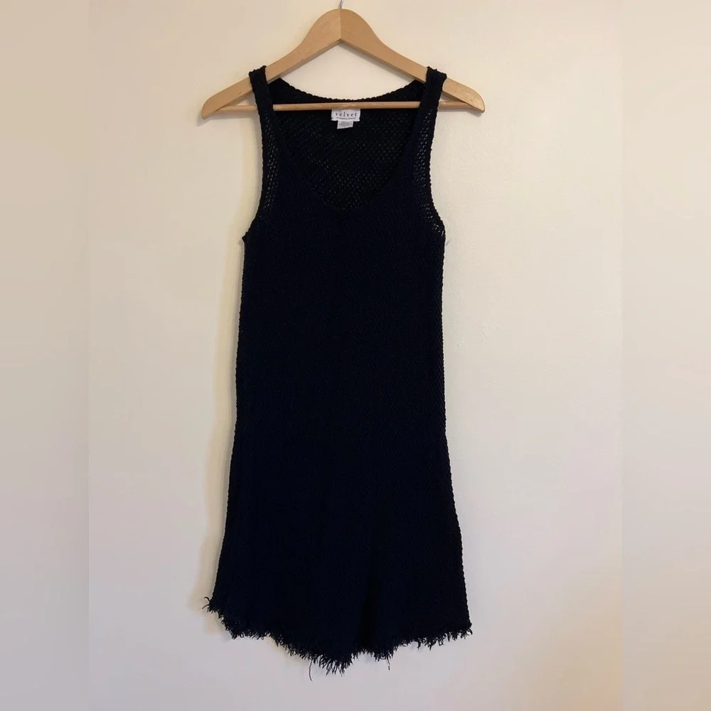 VELVET by Graham & Spencer Women Knitwear Dress Small Black Waffle Fringe Cotton